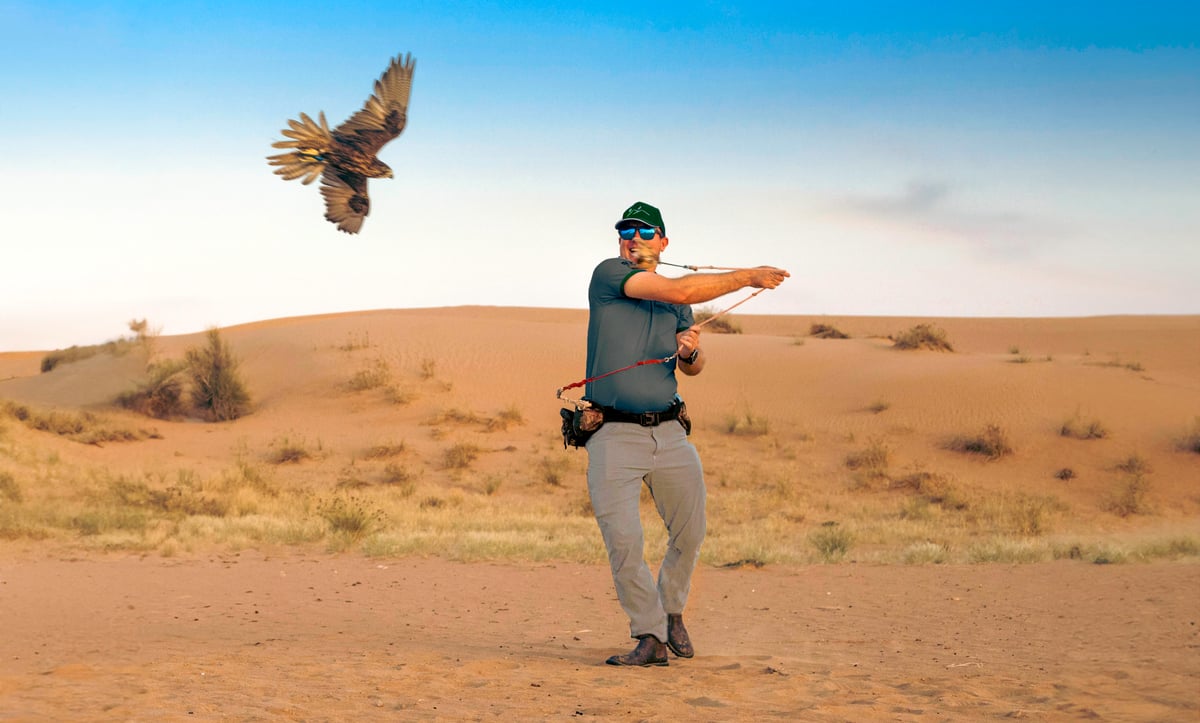 A falconer swinging a lure as a falcon swoops low over the red dunes