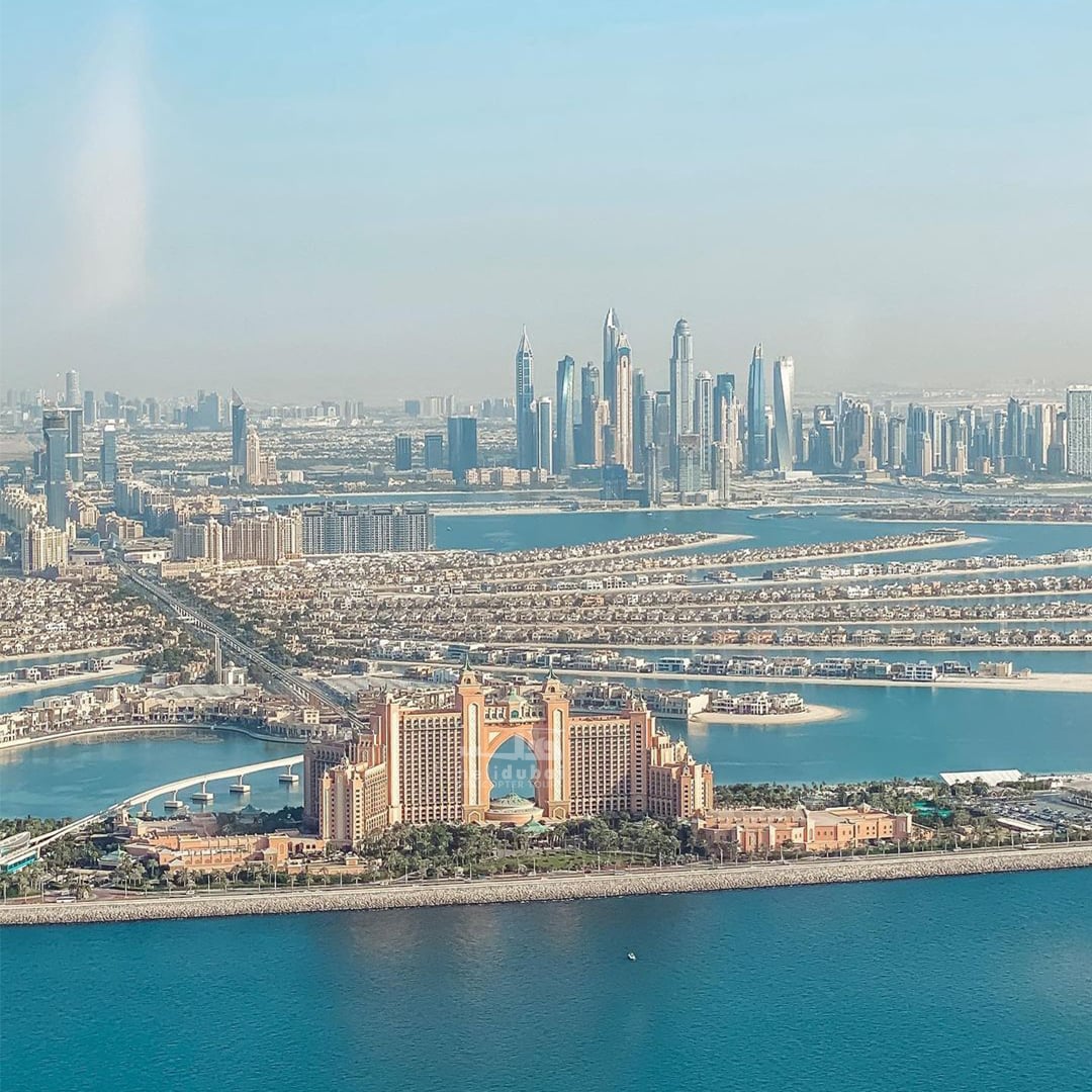 Atlantis The Palm and the Palm's fronds from the air with Dubai Marina beyond