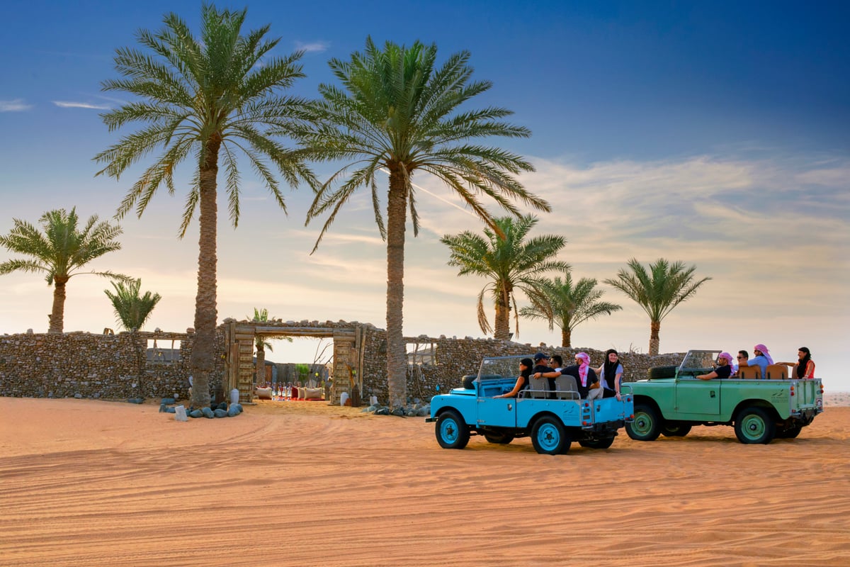 Guests in two vintage Land Rovers parked in front of the palm-fringed heritage camp