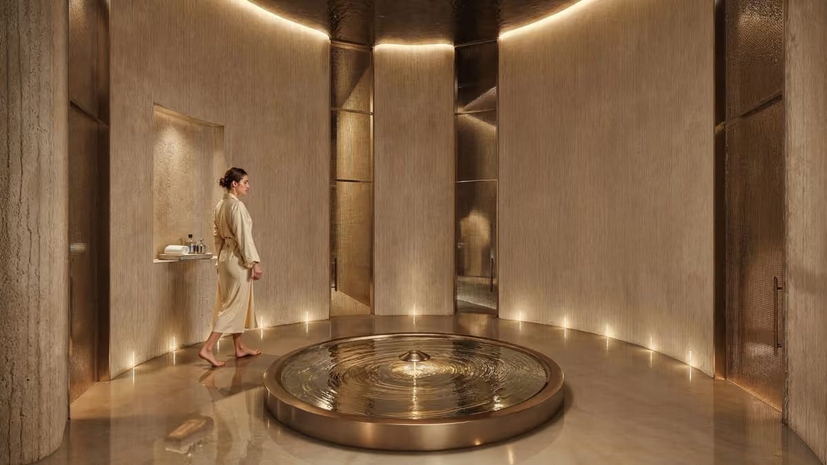 A guest in a robe walks past a round lit water feature in the curved, softly lit corridor of Armani/SPA at Armani Hotel Dubai.